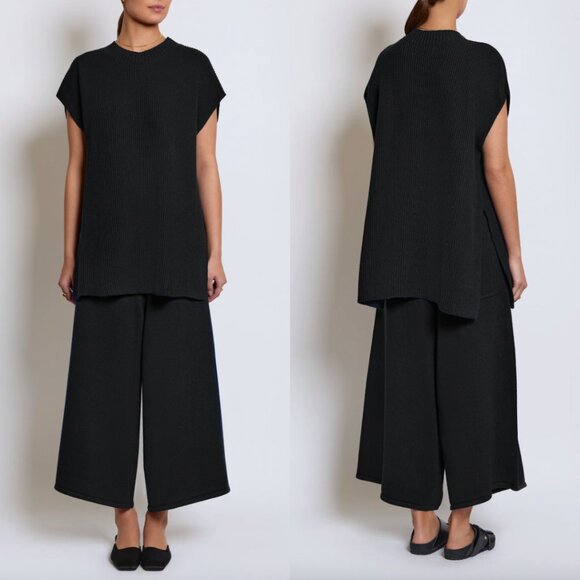 $238 Roucha Black Wool Knit Ribbed Tunic Silas Slit Sweater Vest size C/Large - Picture 1 of 9